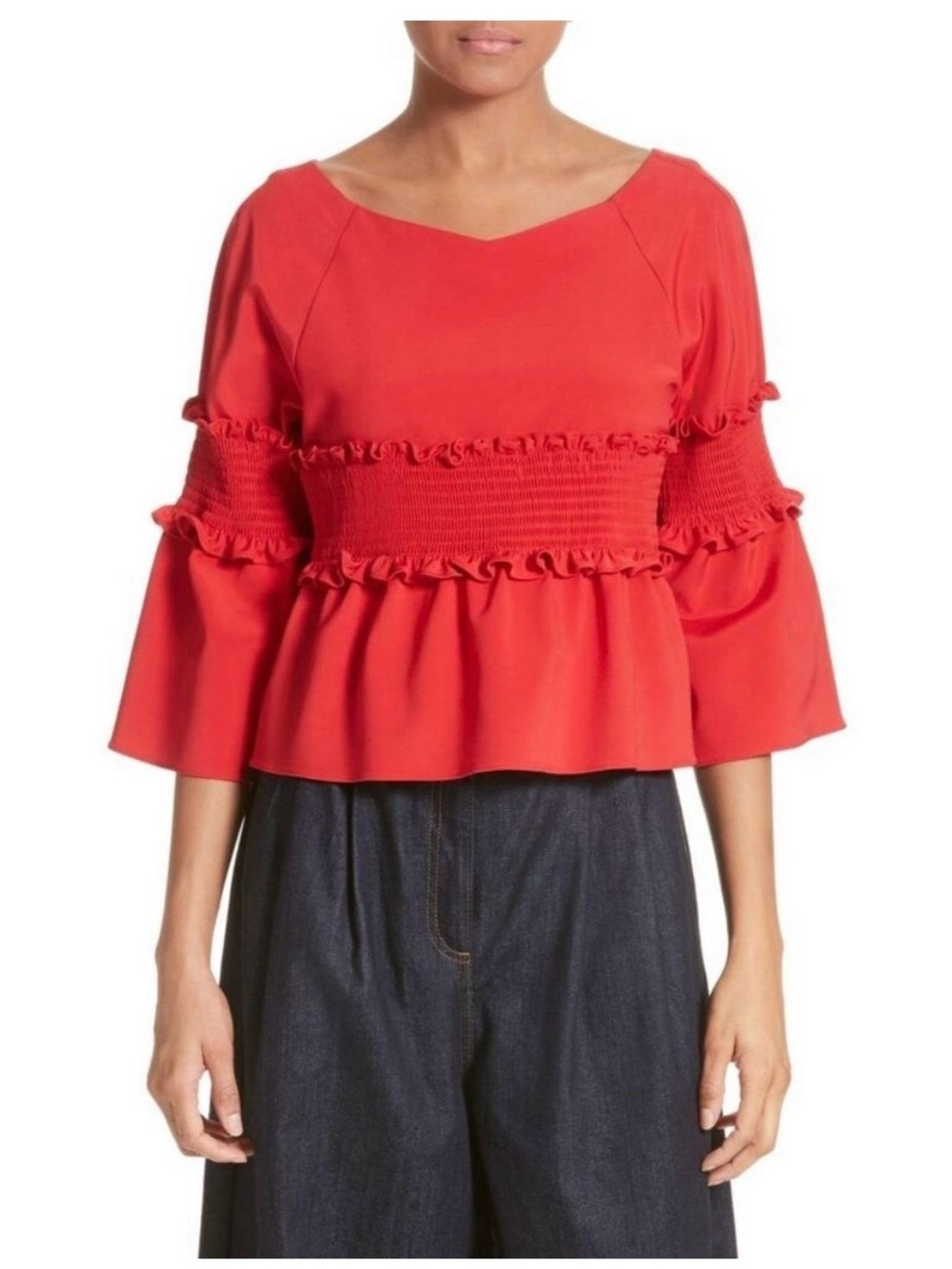 New Tibi Sz XS Red Ruffle Smocked Peplum Top w 3/4 Sleeves